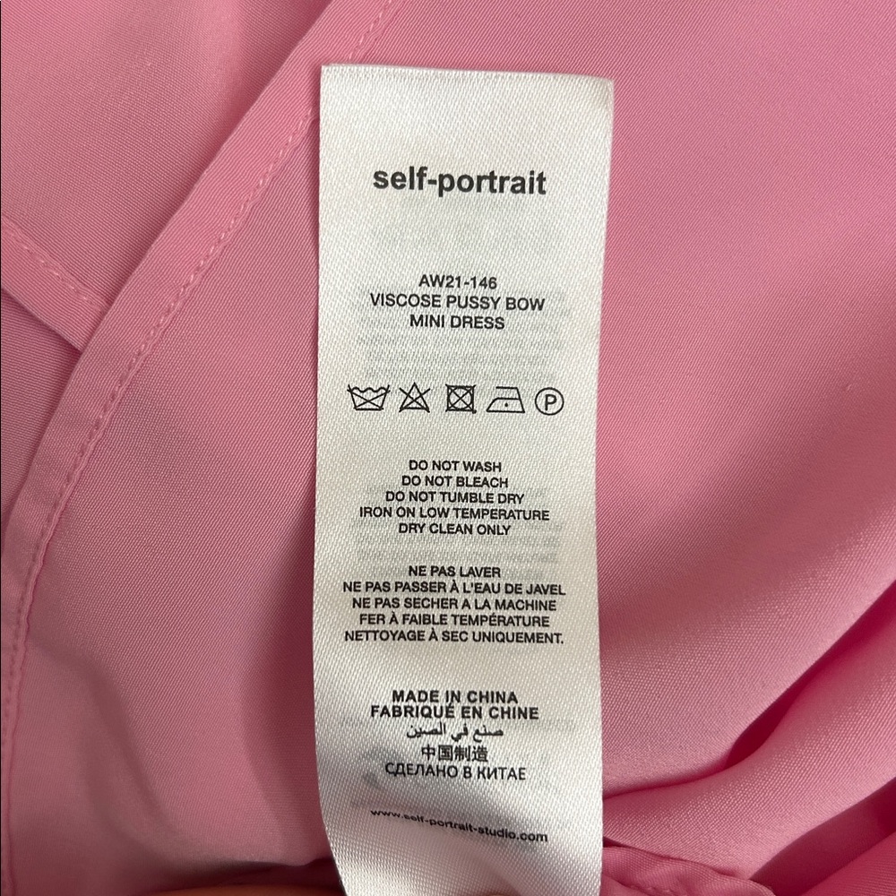 Self-Portrait Satin Viscose Puff-Sleeve Bow-Neck Mini Dress Bubblegum Pink Sz 8 - Picture 15 of 16